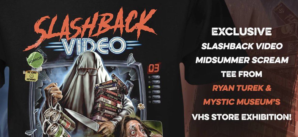 New Slashback Video Midsummer Scream T-Shirt from Fright Rags, Based on the VHS Store Exhibit from Ryan Turek and Bearded Lady’s Mystic Museum